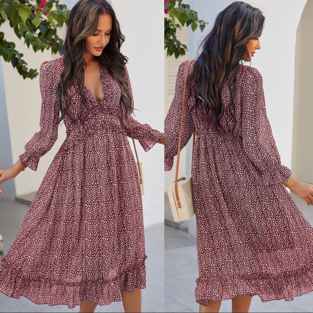 🆕Boho Floral Print Wavy Detailed Dress Wine